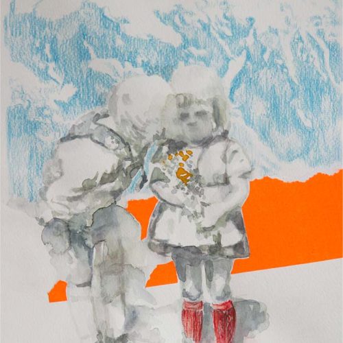 First kiss, 2016 - aquarelle, crayon couleur, papier fluo 30x40