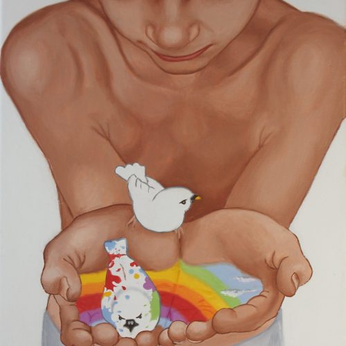 Garçon et oiseaux par Christophe Stephan Durand Huile sur coton 40x29cm