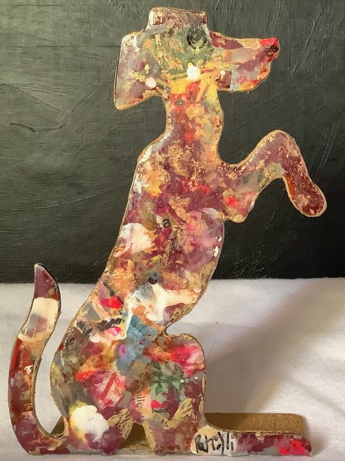 PatMoli Le Chien15 cm x 10 x 3, acier, peinture, acrylique, patte pliée à l’arrière, peinture or à l’arrière