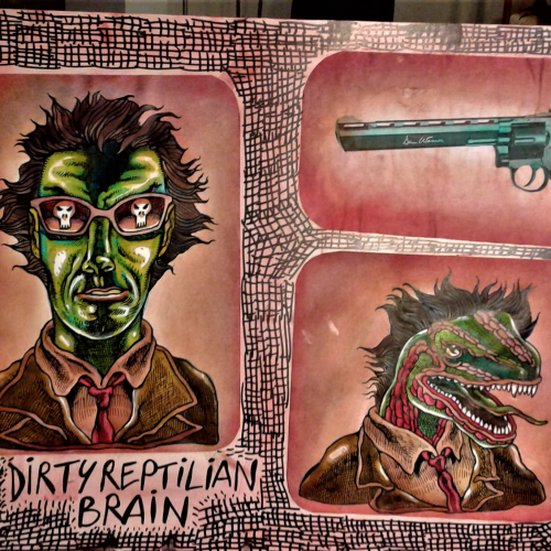 José Jover - Dirty reptilian brain (original déjà joliment encadré) : 60 x80 sur carton fort feuille à dessin - techniques mixtes