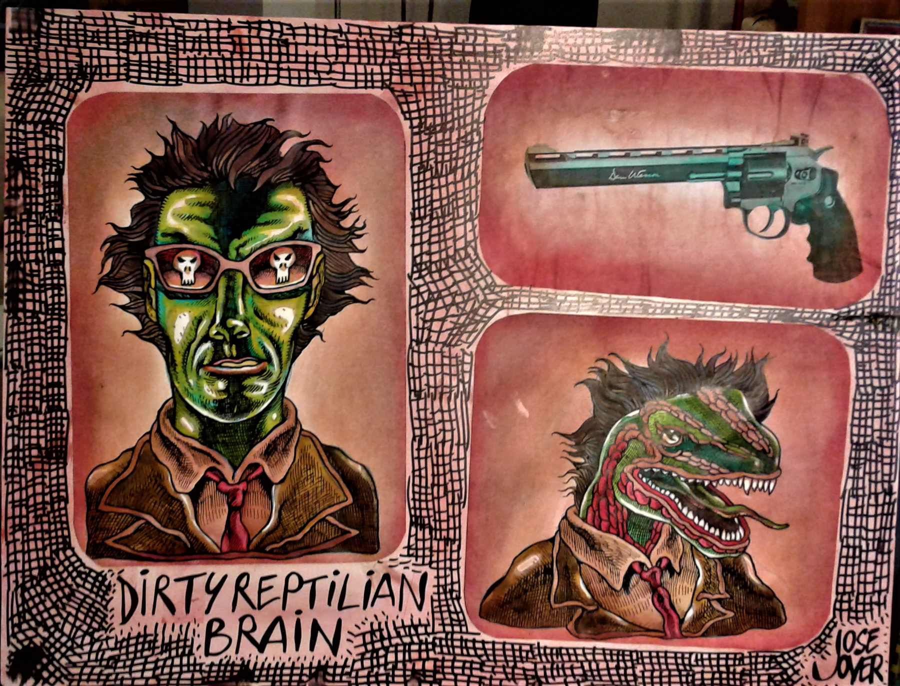 José Jover - Dirty reptilian brain (original déjà joliment encadré) : 60 x80 sur carton fort feuille à dessin - techniques mixtes