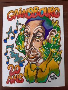 José Jover, art expo, Gainsbourg - 22 x 30, sur carton fort feuille à dessin - techniques mixtes