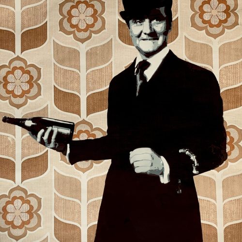 Yarps pochoir de John Steed sur papier peint années 70  Pochoir multi-layeurs sur papier peint vintage 70’s / 100x54cm