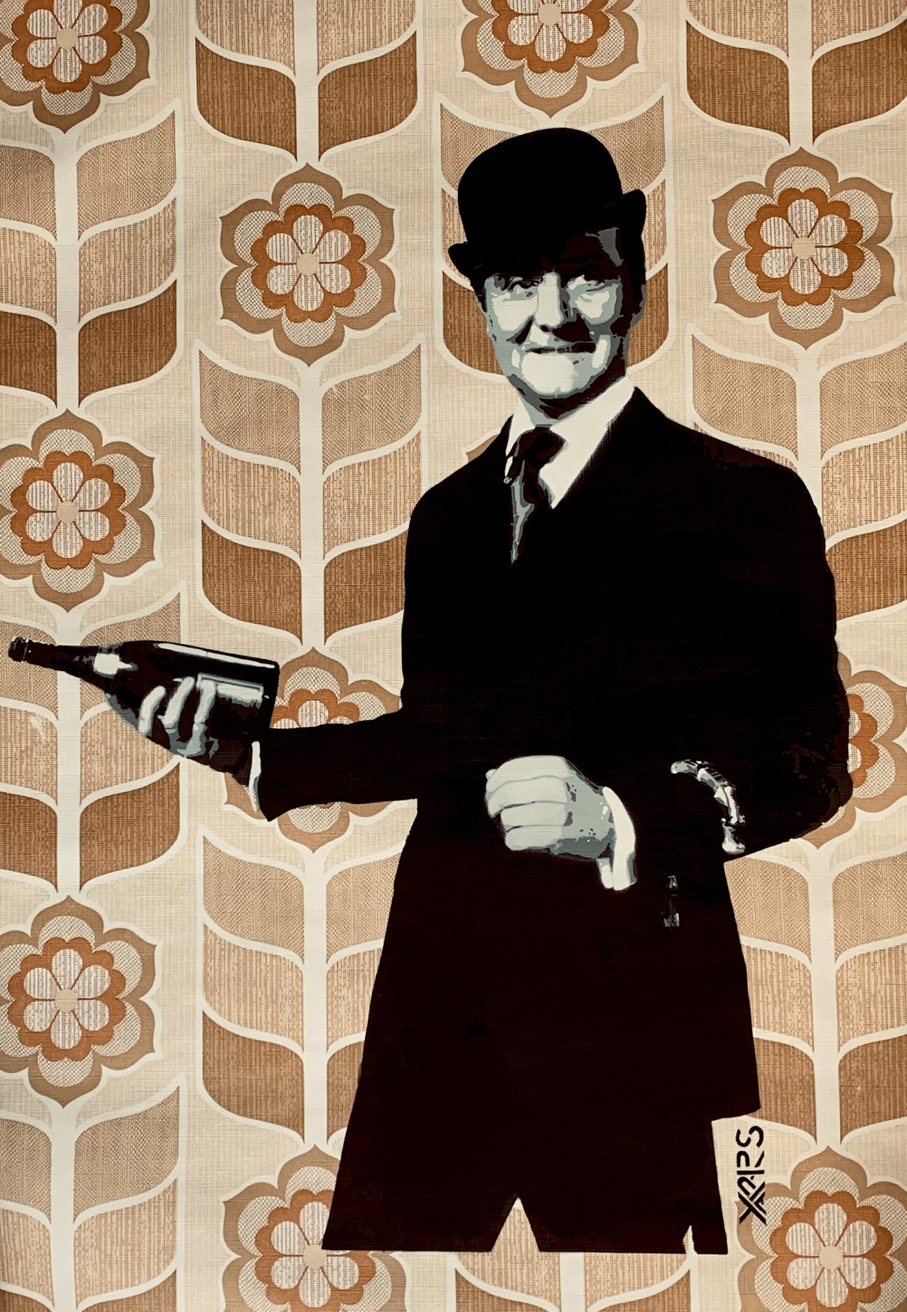 Yarps pochoir de John Steed sur papier peint années 70  Pochoir multi-layeurs sur papier peint vintage 70’s / 100x54cm