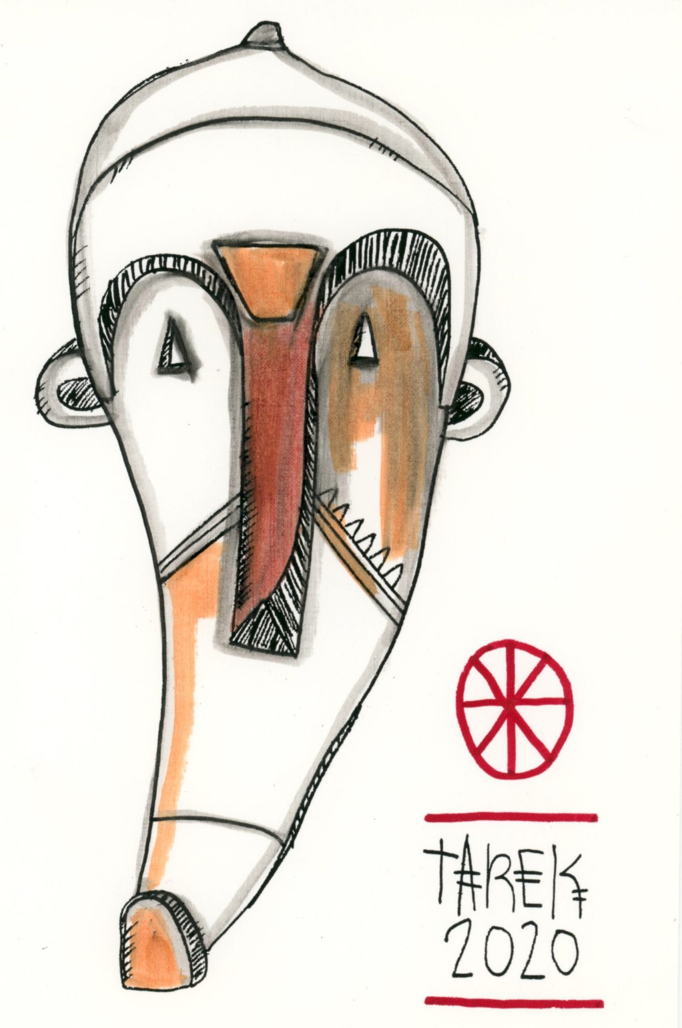 Tarek - Mask #3, 2020 Dessin aux poscas sur papier toilé 24x16 cm