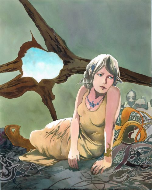 Vincent Pompetti Femme elfe : 40x50cm encres acquarelles sur papier (de la bande dessinée "Onys" sortie en septembre 2025) Diplômé de l’Institut National des Beaux-Arts Saint-Luc de Liège, il réalise seul sa première bande dessinée qui a pour thème la science-fiction dans un monde imaginé par lui