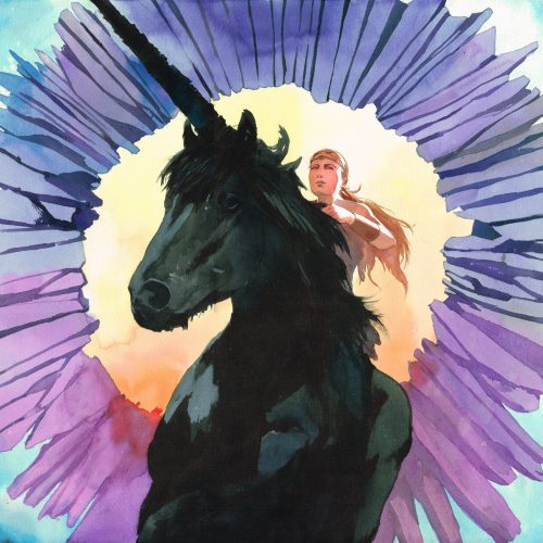 Vincent Pompetti Onys ; 50x65cm encres acquarelles sur papier(de la bande dessinée "Onys" sortie en septembre 2025). Diplômé de l’Institut National des Beaux-Arts Saint-Luc de Liège, il réalise seul sa première bande dessinée qui a pour thème la science-fiction dans un monde imaginé par lui