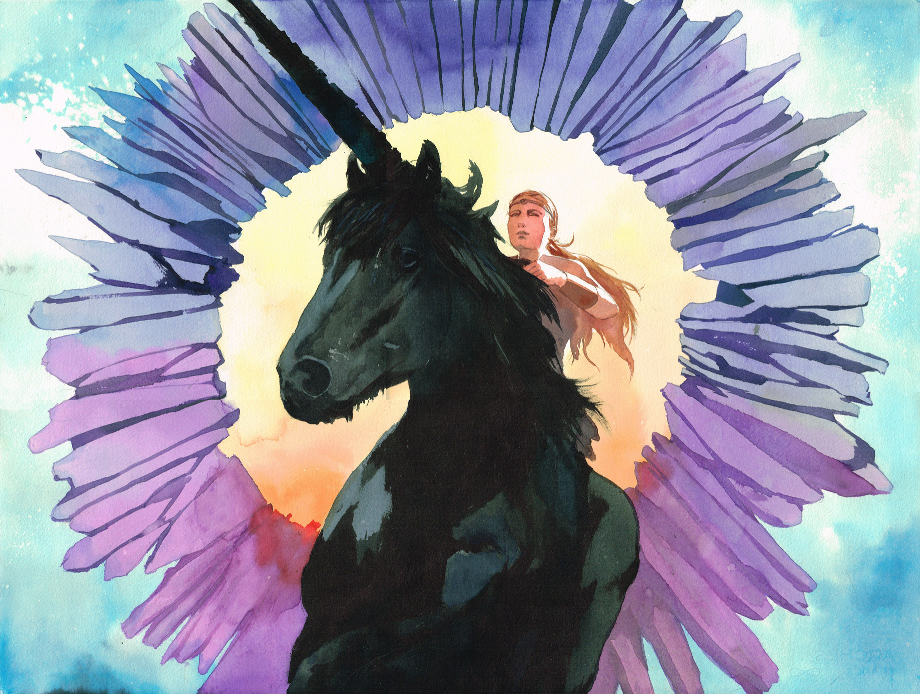 Vincent Pompetti Onys ; 50x65cm encres acquarelles sur papier(de la bande dessinée "Onys" sortie en septembre 2025). Diplômé de l’Institut National des Beaux-Arts Saint-Luc de Liège, il réalise seul sa première bande dessinée qui a pour thème la science-fiction dans un monde imaginé par lui